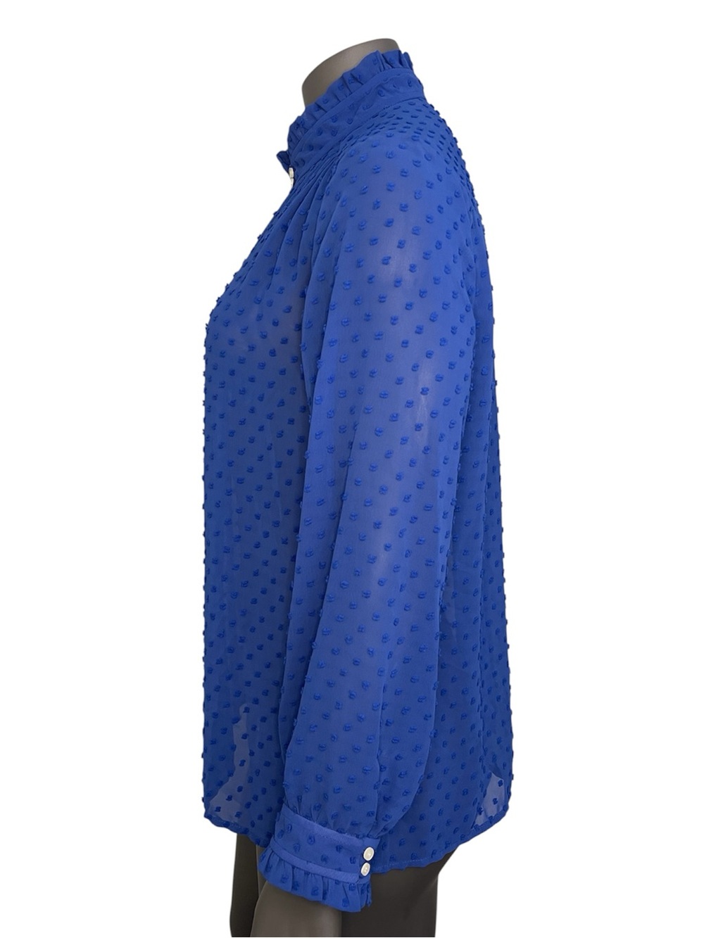 J. Crew Blouse 12 Blue Sheer Swiss Dot Ruffle High-Neck Keyhole Long Sleeve - Picture 3 of 10